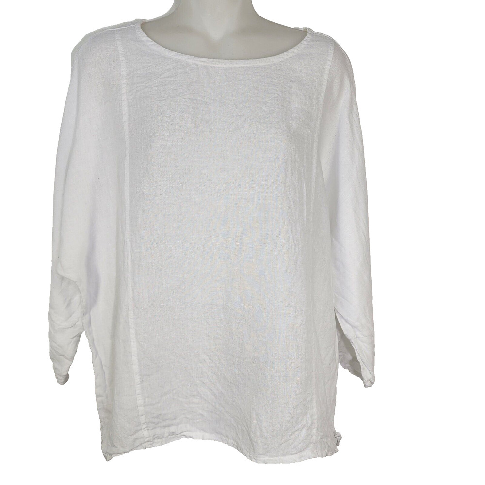 Viola Borghi Top Women Medium 100% Linen Italy White Dolman 3/4 Sleeve Round Nec